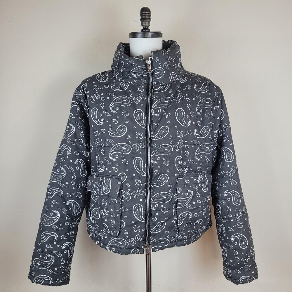MNML Jacket Mens Large Black Bandana Paisley Quilted Puffer Zip‎ Stand Collar